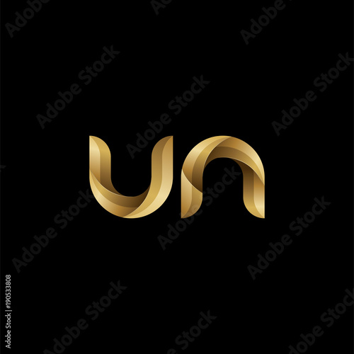 Initial lowercase letter un, swirl curve rounded logo, elegant golden color on black background
