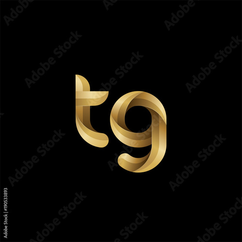 Initial lowercase letter tg, swirl curve rounded logo, elegant golden color on black background