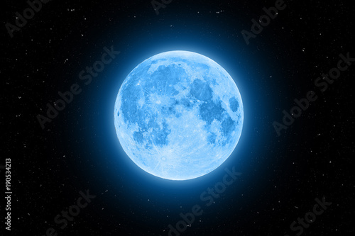 Blue super moon glowing with blue halo surrounded by stars on black sky background © lukszczepanski