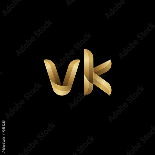 Initial lowercase letter vk, swirl curve rounded logo, elegant golden color on black background