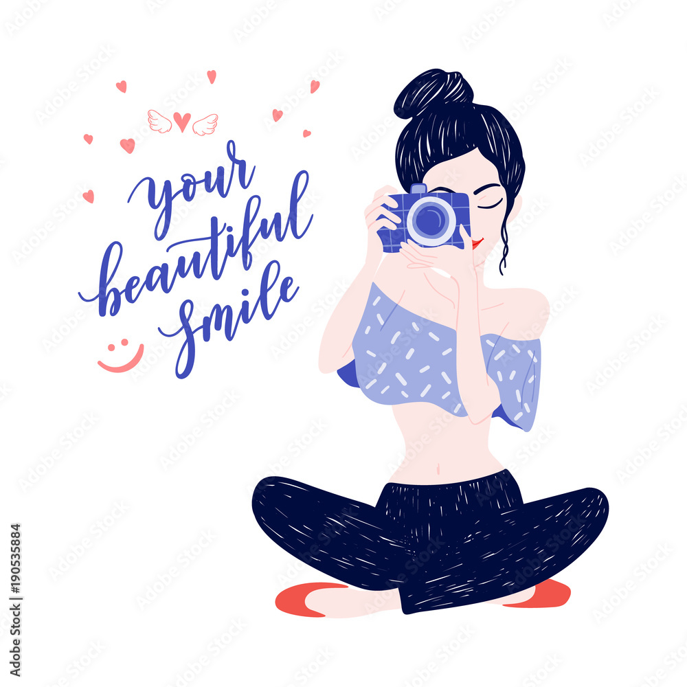 Young woman photographer with Your beautiful smile quote, hearts, camera.  Vector illustration of pretty teenager girl with black hair style. Beauty  logo on white background, poster, clothes print Stock Vector | Adobe
