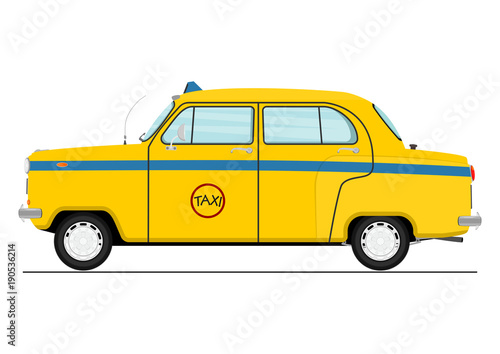 Cartoon Indian taxicab. Side view. Flat vector.