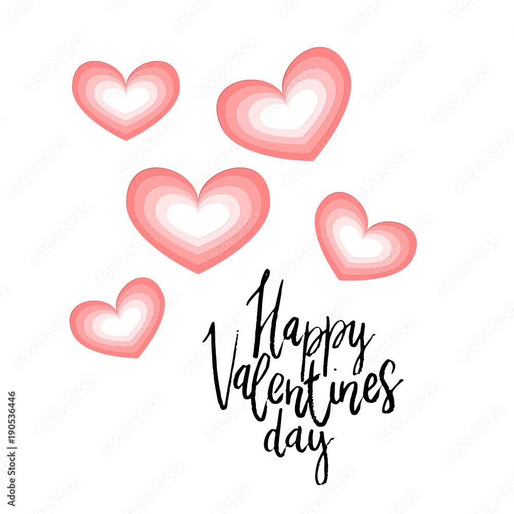 Happy Valentines day hand written brush lettering with paper cut style heart design.
