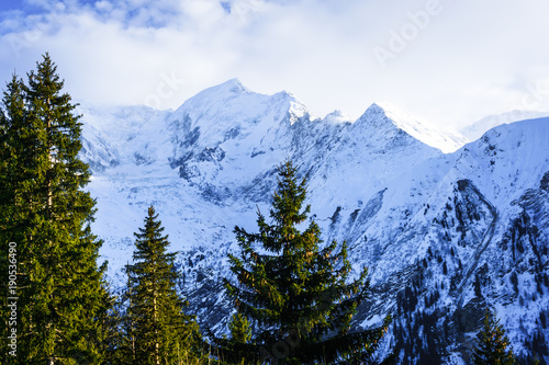 Beautiful landscape of snowy mountain view in Bellvue Saint-Gervais-les-Bains. One of Alps mountain top near Mont Blanc. Famoust place for winter sport like skiing with family and for recreation.