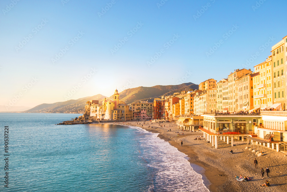 Beautiful Small Mediterranean Town with the beach in the winter season It is beautiful at sunrise Or sunset time - Camogli, Genoa Italy, European travel.