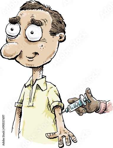 A cartoon man getting an injections from a needle.
