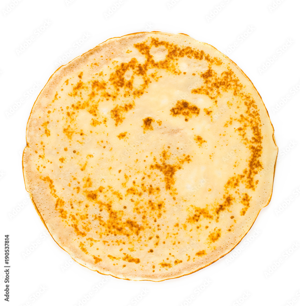 homemade russian pancake isolated on white background, close-up, top view