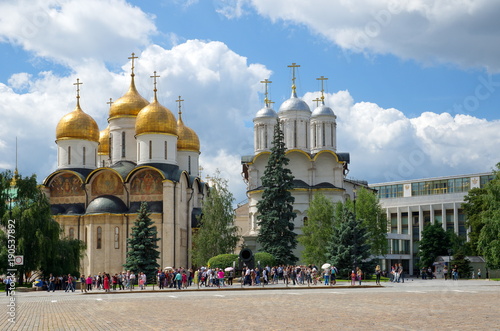 Moscow, Russia - July 11, 2017: The assumption Cathedral and the Church of the Twelve Apostles in the Moscow Kremlin