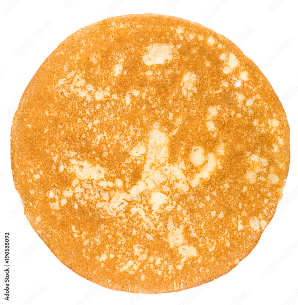 homemade russian pancake isolated on white background, close-up, top view
