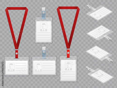 Set of Employees Identification White Blank Plastic Id Cards with Clasp and Lanyards Isolated on Ttransparent View Top and Isometric