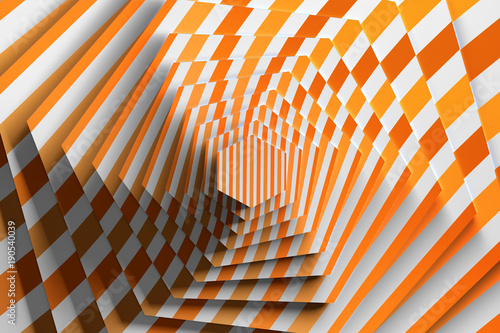 Rotation of textured hexagon with pattern of orange lines. 3d illustration. © dariaren