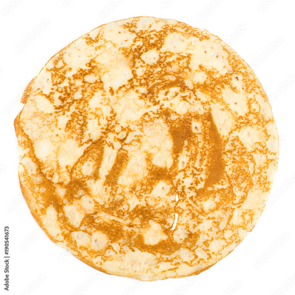 homemade russian pancake isolated on white background, close-up, top view