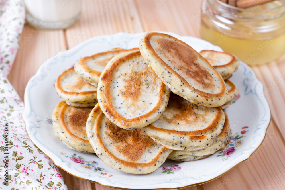 Homemade pancakes with poppy seeds for tasty healthy breakfast Homemade pancakes with poppy seeds for tasty healthy breakfast