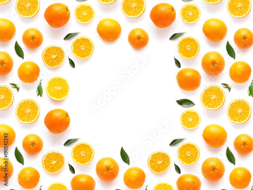 Fototapeta Naklejka Na Ścianę i Meble -  frame of fresh oranges isolated on white background, top view, flat lay. Food texture background. Healthy food, detox, diet.