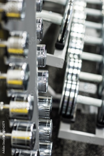 Two kinds of metallic dumbbells at a gym