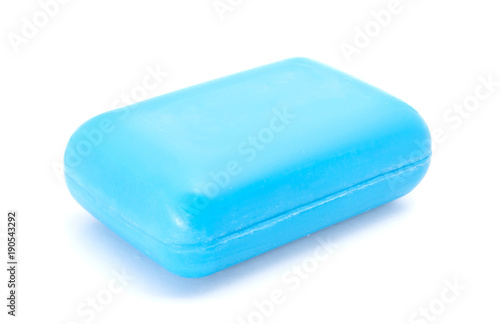 Closeup of blue hygiene toilet soap isolated on white background