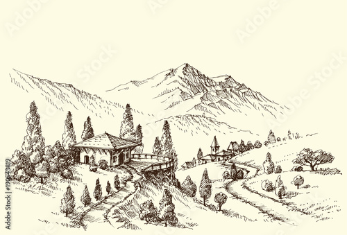 Farm and village landscape sketch