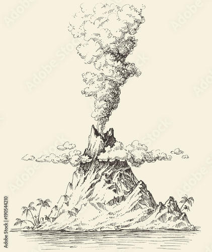 Active volcano drawing. Volcanic eruption on a island vector