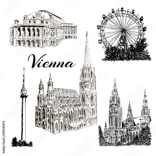 Set of Vienna symbols Vector hand drawn ink pen sketch illustration. Donauturm, Stephansdom, Rathaus, Prater