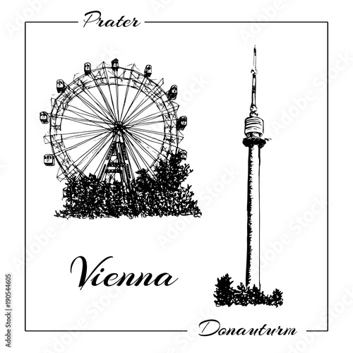 Vienna symbol. Vector hand drawn ink pen sketch illustration. Donauturm, Prater