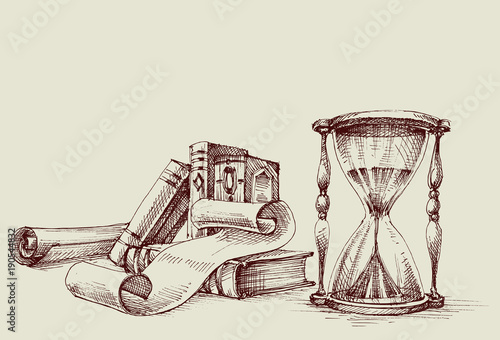 Diploma or certificate vintage design elements, study table. Old books, scroll and hourglass retro stand