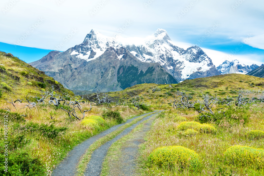 National park Torres del Paine mountains and road landscape, Patagonia, Chile, South America
