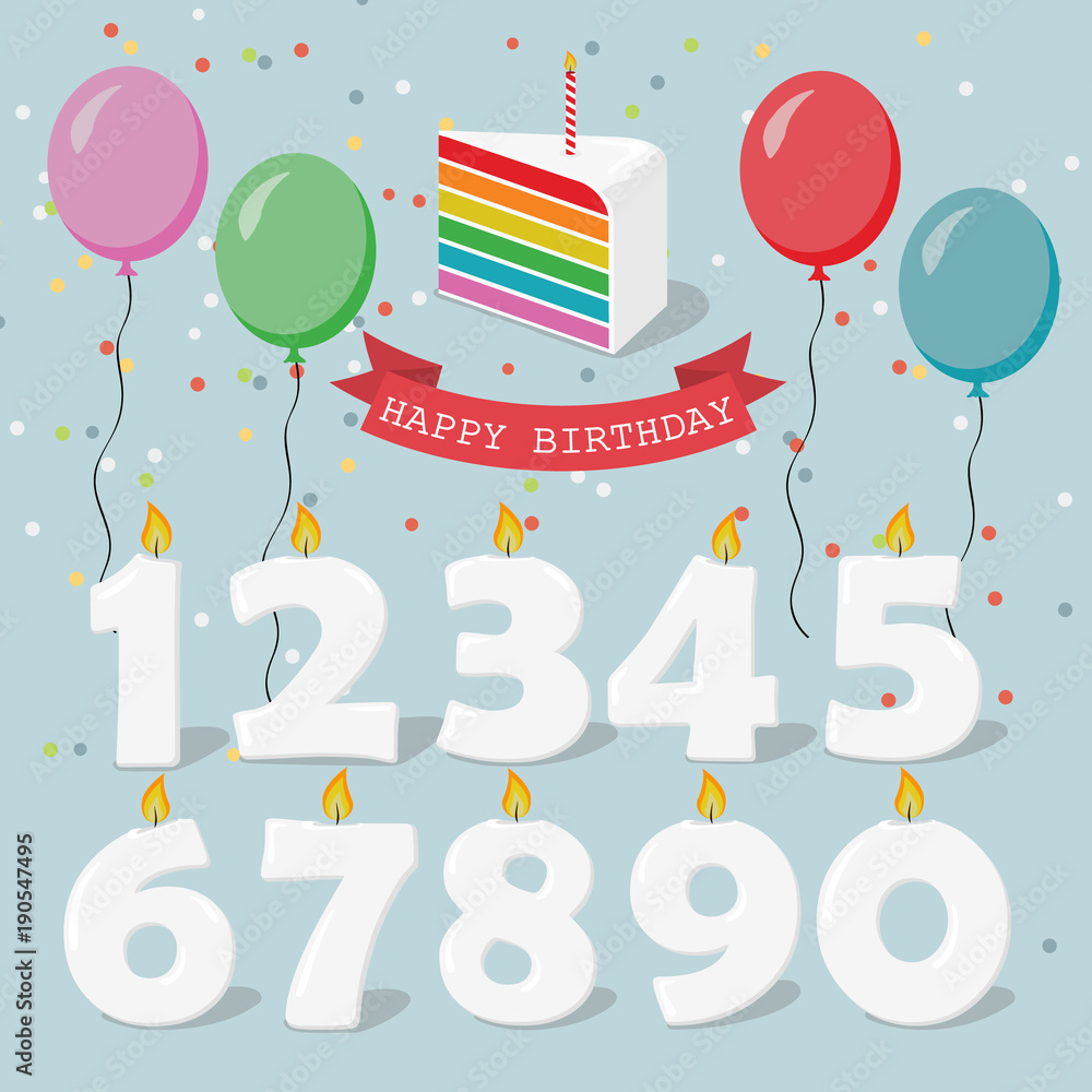 Set of Happy Birthday candles with holiday balloons, confetti, ribbon and cake Set of Happy Birthday candles with holiday balloons, confetti, ribbon and cake