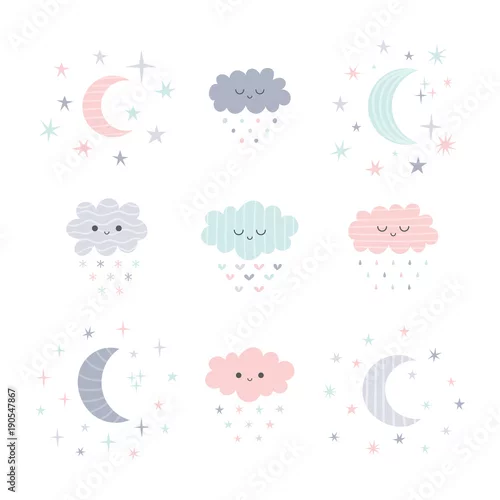 Tapety Ładny ręcznie rysowane uśmiechnięte chmury i księżyc z gwiazdami. Zabawny motyw pogody