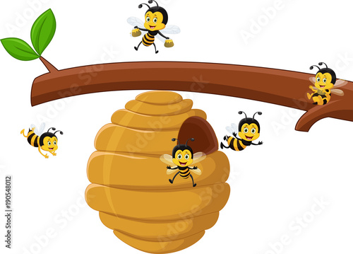  illustration of Cartoon branch of a tree with a beehive and a bee
