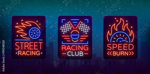 Racing neon billboard logos pattern. A glowing sign on the theme of the races. Neon signs, light night banner. Vector illustration