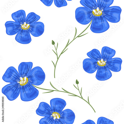 Flax blue flowers with stem. Seamless pattern. Vector illustration.