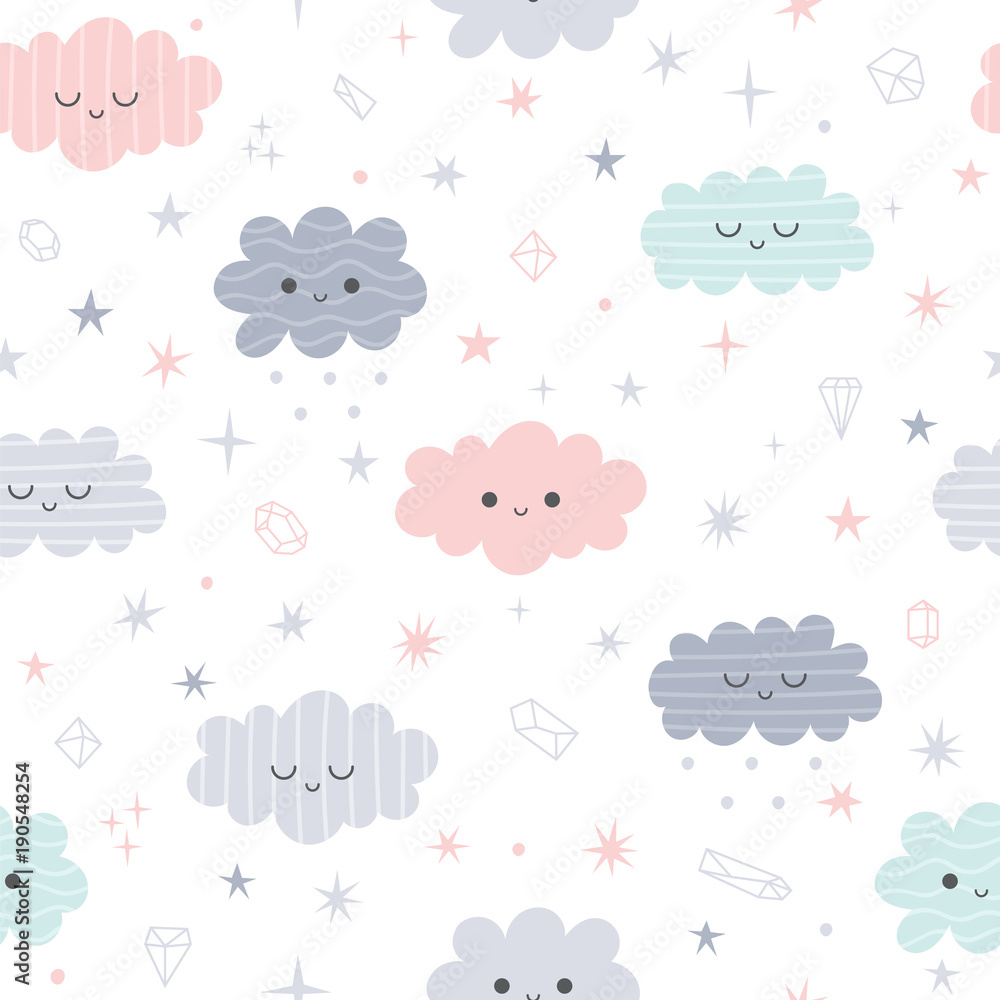Cute seamless pattern with cartoon clouds for kids. Nursery background. Smiling characters