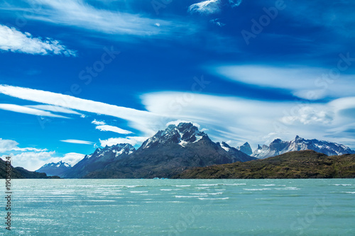 Pehoe lake and Guernos mountains beautiful landscape, national park Torres del Paine, Patagonia, Chile, South America 