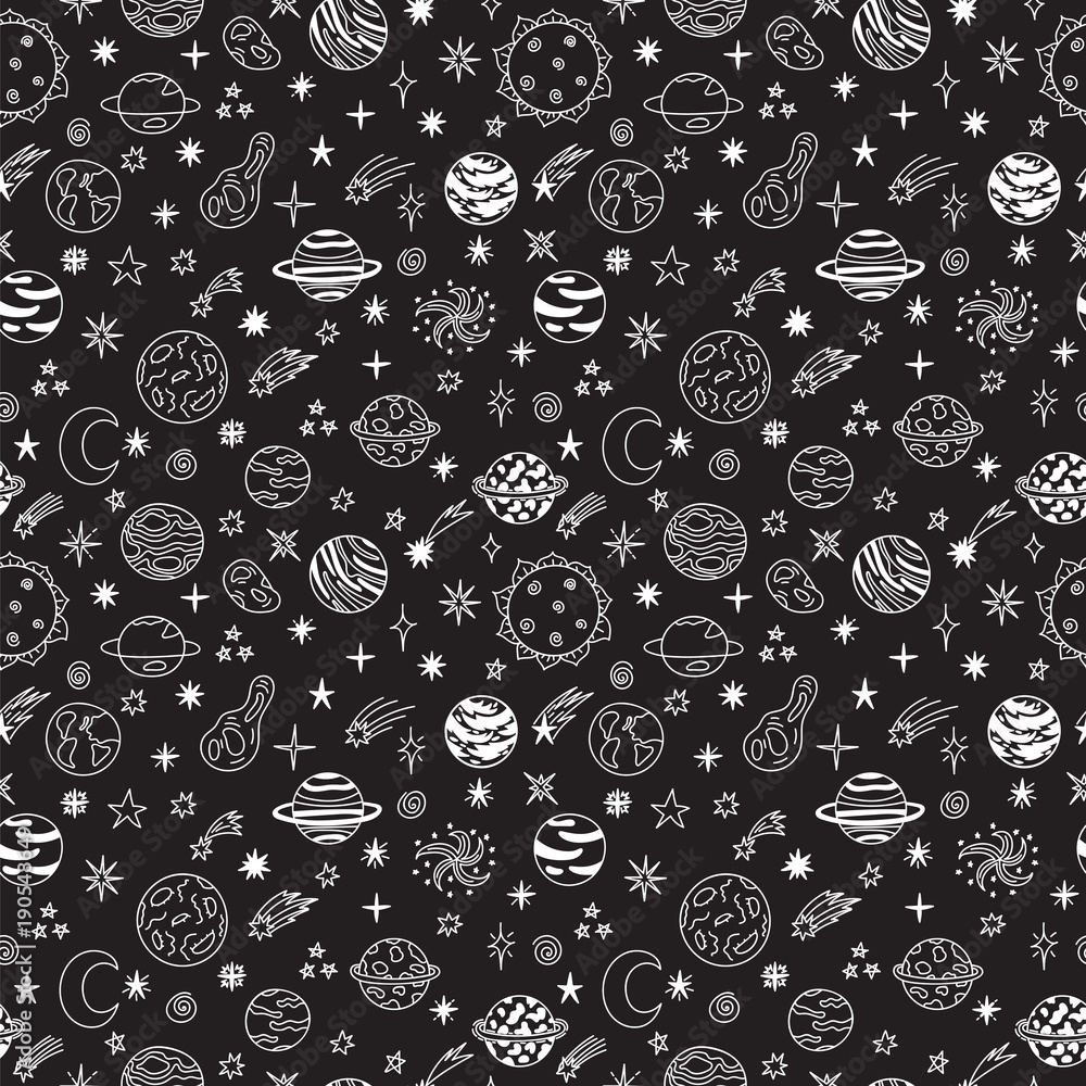 Black and White Cute Kids Seamless Pattern. Repetitive Texture with Hand  Drawn Space Objects. Vector Ink Doodle Baby Background. Cartoon Ornament  Stock Vector