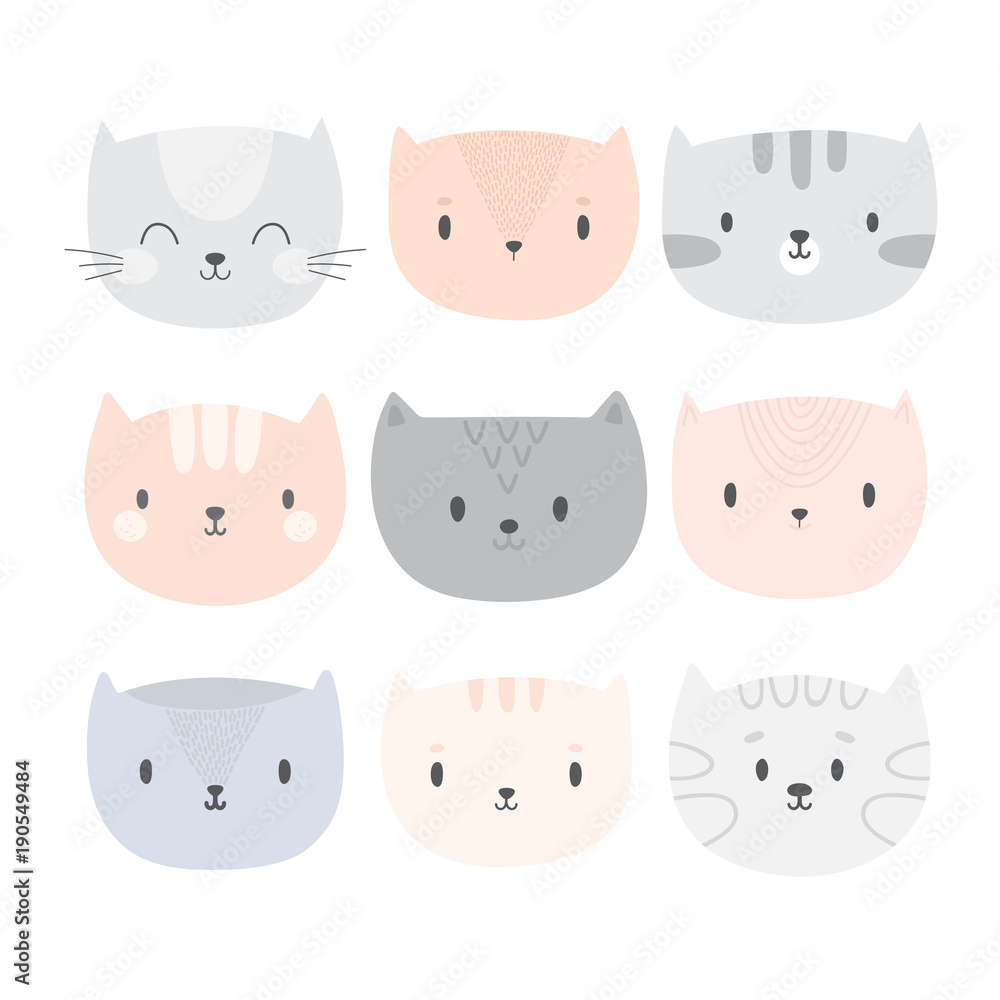 Set of cute cartoon cats. Funny doodle animals. Different kittens in flat style
