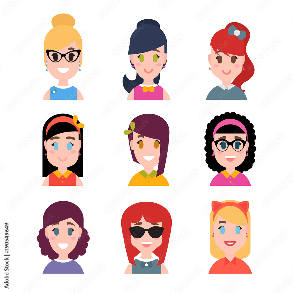 Stylized beautiful young girls and women. Avatars in cartoon flat style. Female characters