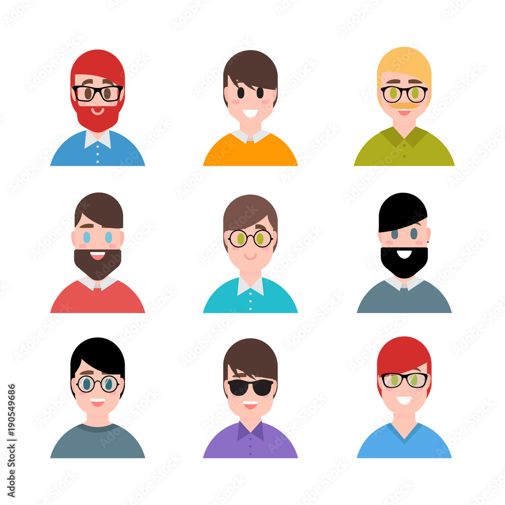 Stylized handsome young boys and men. Avatars in cartoon flat style. Male characters Stylized handsome young boys and men. Avatars in cartoon flat style. Male characters