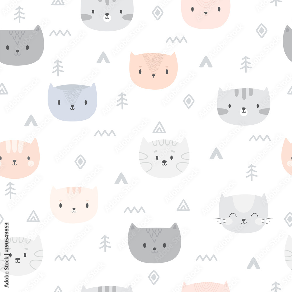 Tribal seamless pattern with cartoon cats. Abstract geometric art print. Hand drawn ethnic background with cute animals Tribal seamless pattern with cartoon cats. Abstract geometric art print. Hand drawn ethnic background with cute animals