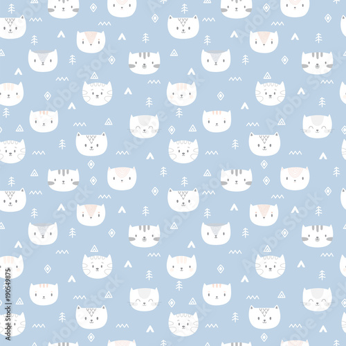 Tribal seamless pattern with little cats. Abstract geometric art print. Hand drawn ethnic background with cute animals