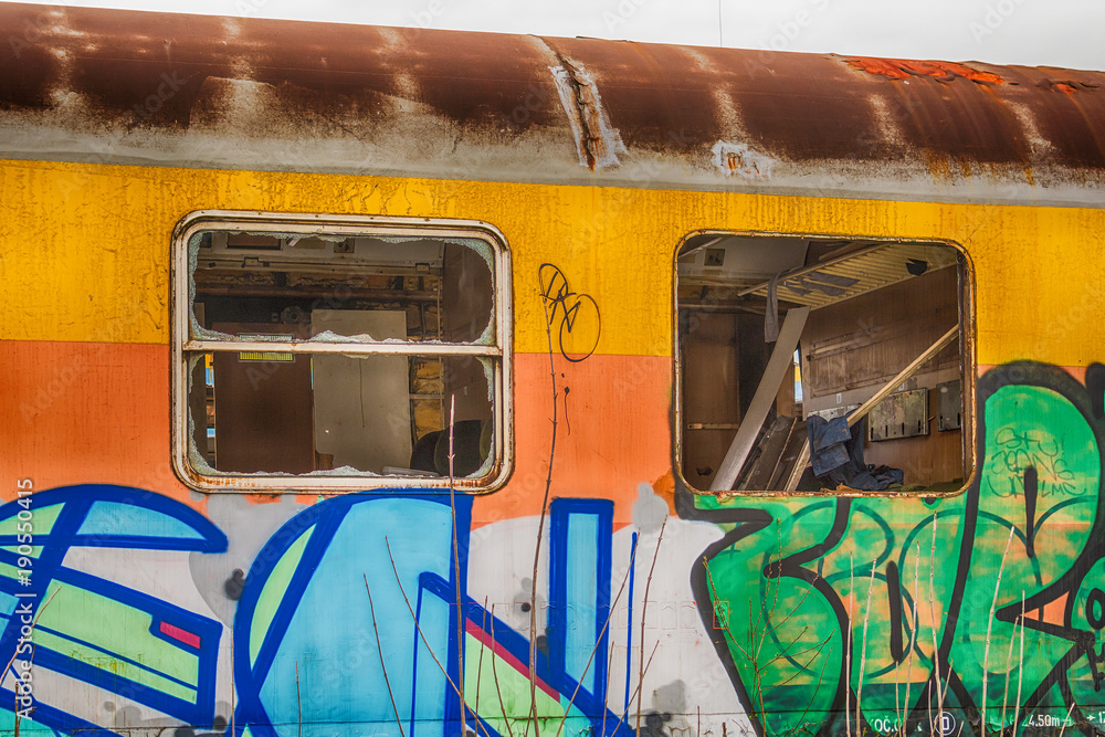 Naklejka premium Belgrade, Serbia March 21, 2016: Abandoned and destroyed trains