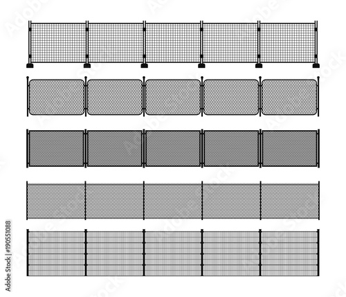 Set of different modular metal fence silhouettes. Horizontally seamless metal fence elements. Black silhouettes of metal wire, mesh, chain-link, portable fencing. Vector brushes included.