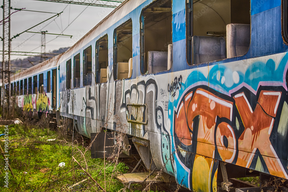 Fototapeta premium Belgrade, Serbia March 21, 2016: Abandoned and destroyed trains