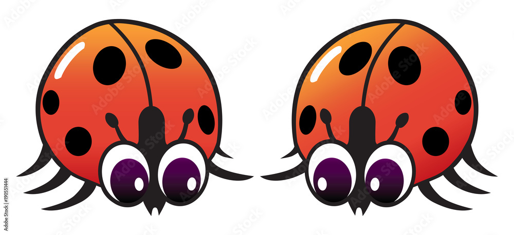 Fototapeta premium Two shiny cartoon ladybugs are checking each other out