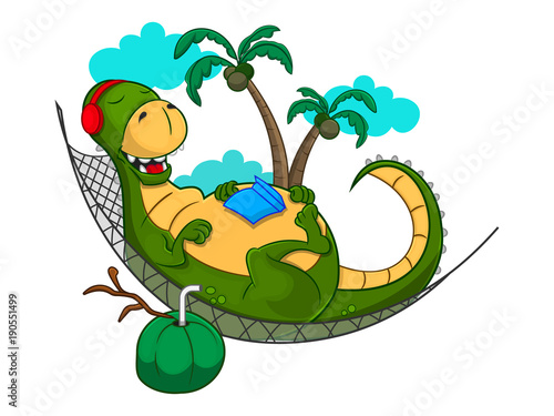 Dinosaur sleep on hammock while listening music at vacations cartoon vector