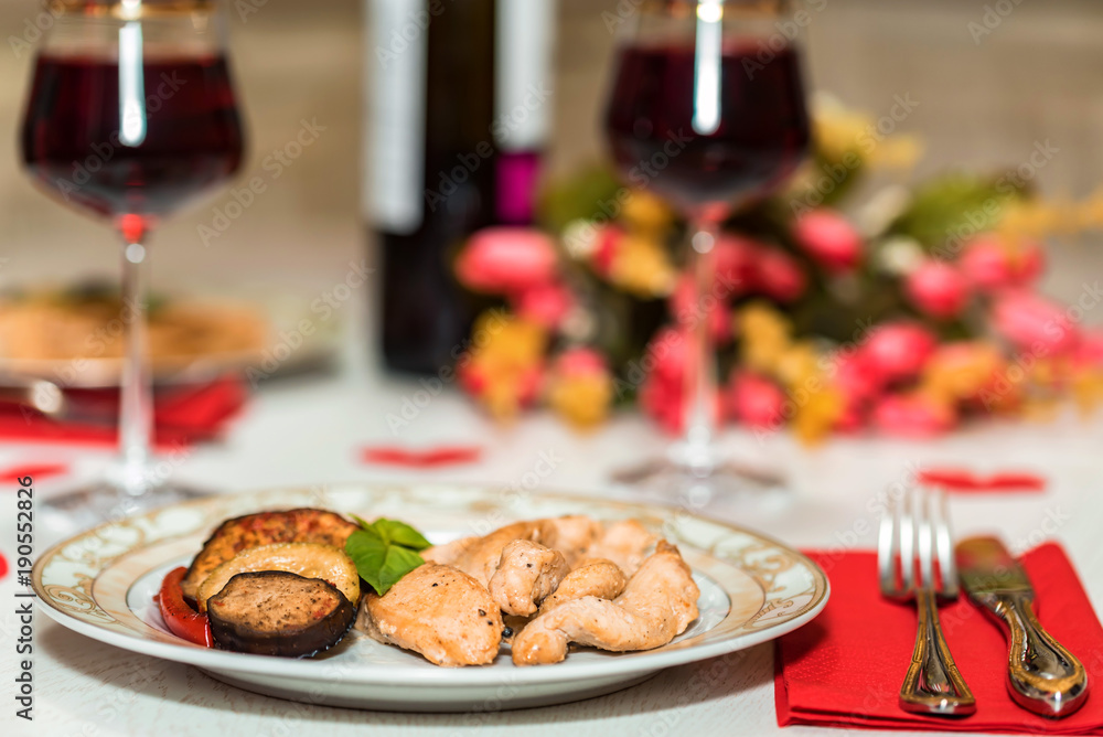 Romantic dinner for two with wine,meat and flowers Romantic dinner for two with wine,meat and flowers