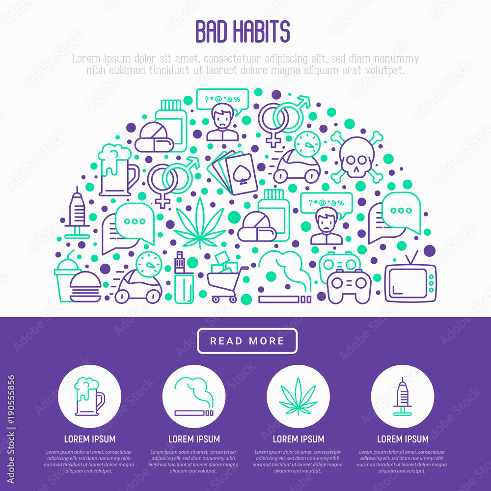 Bad habits concept in half circle with thin line icons: abuse, alcoholism, cigarette, marijuana, drugs, fast food, poker, promiscuity, tv, video games. Modern vector iilustration, web pag template.
