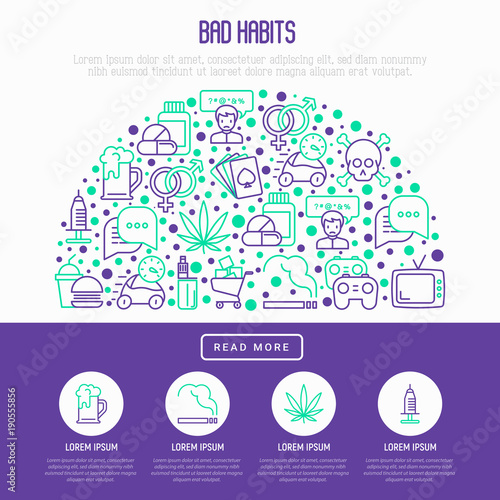 Bad habits concept in half circle with thin line icons: abuse, alcoholism, cigarette, marijuana, drugs, fast food, poker, promiscuity, tv, video games. Modern vector iilustration, web pag template.