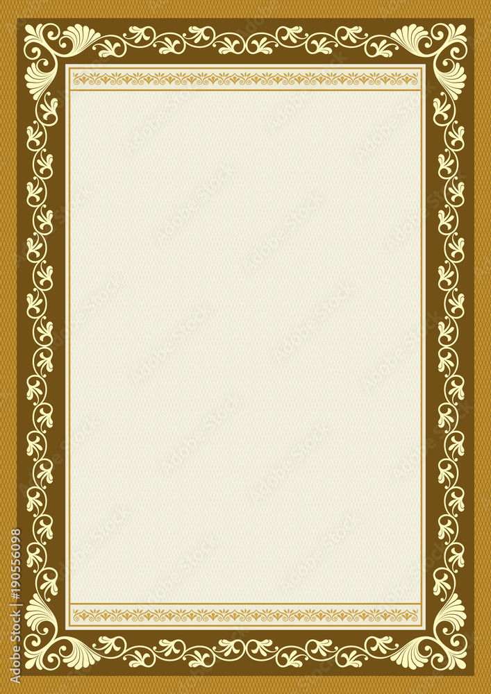 Ornate rectangular framework. A4 proportions. Book cover decoration, icon case, template for certificate, diploma.