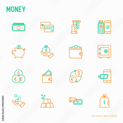 Money thin line icons set: cash, credit card, pos terminal, piggy bank, wallet, hand with coins, bag of gold. Modern vector illustration.