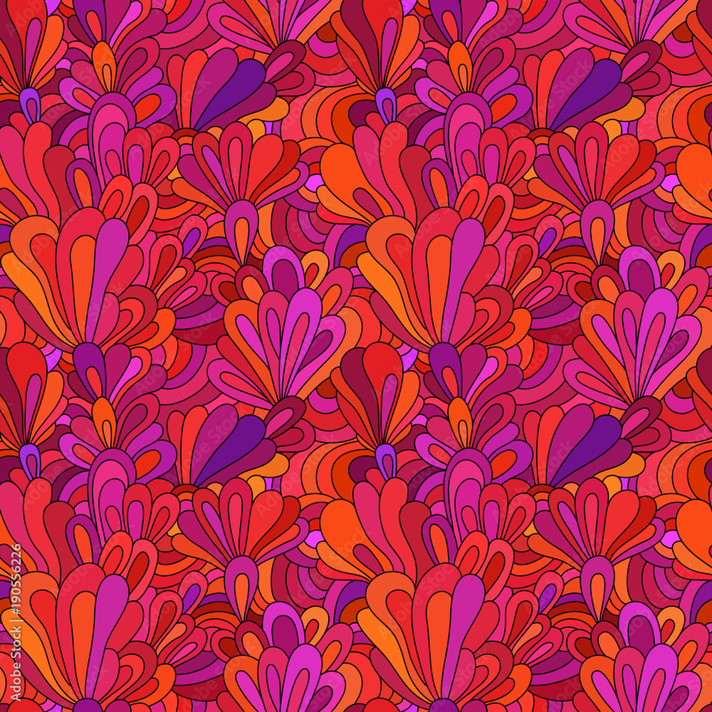 Seamless pattern with flowers. Hand drawn floral texture. Red, orange, pink colors.